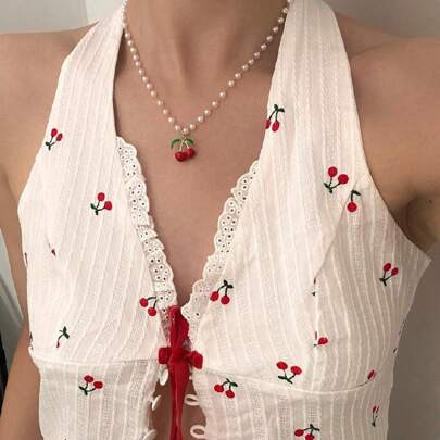 1pc Summer Fresh Lovely Sweet Wind Faux Pearl Fruit Cherry Women's Necklace, Suitable For Everyday, Holiday, Gift, Fashion Accessories | SHEIN