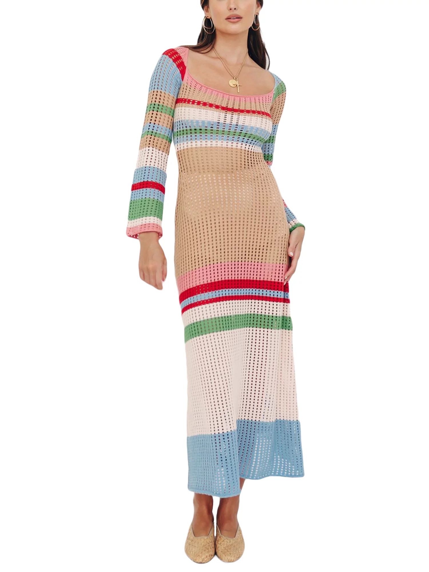 LiangchengmeiLiangchengmei Women's Long Sleeve Square Neck Knitted Midi Dress Crochet Beach Cover... | Walmart (US)