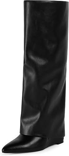 Knee High Boots Women Fold Over Boots Wedge Heel Pointed Toe Tall Boots | Amazon (US)