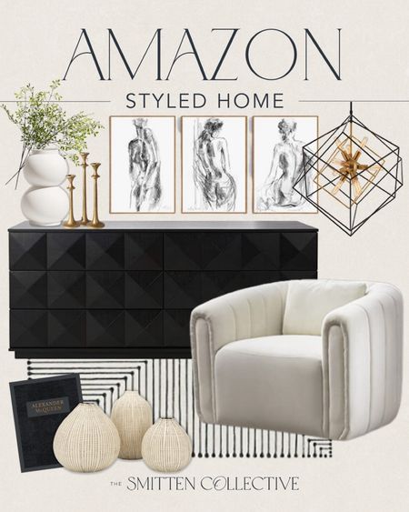 Amazon home decor and furniture designer inspired for less finds!

black faceted sideboard, buffet. swivel barrel chair, geometric entryway light, large pendant,  axes, sketch artwork, decor, coffee table book, modern black cream rug

#LTKstyletip #LTKhome #LTKunder50