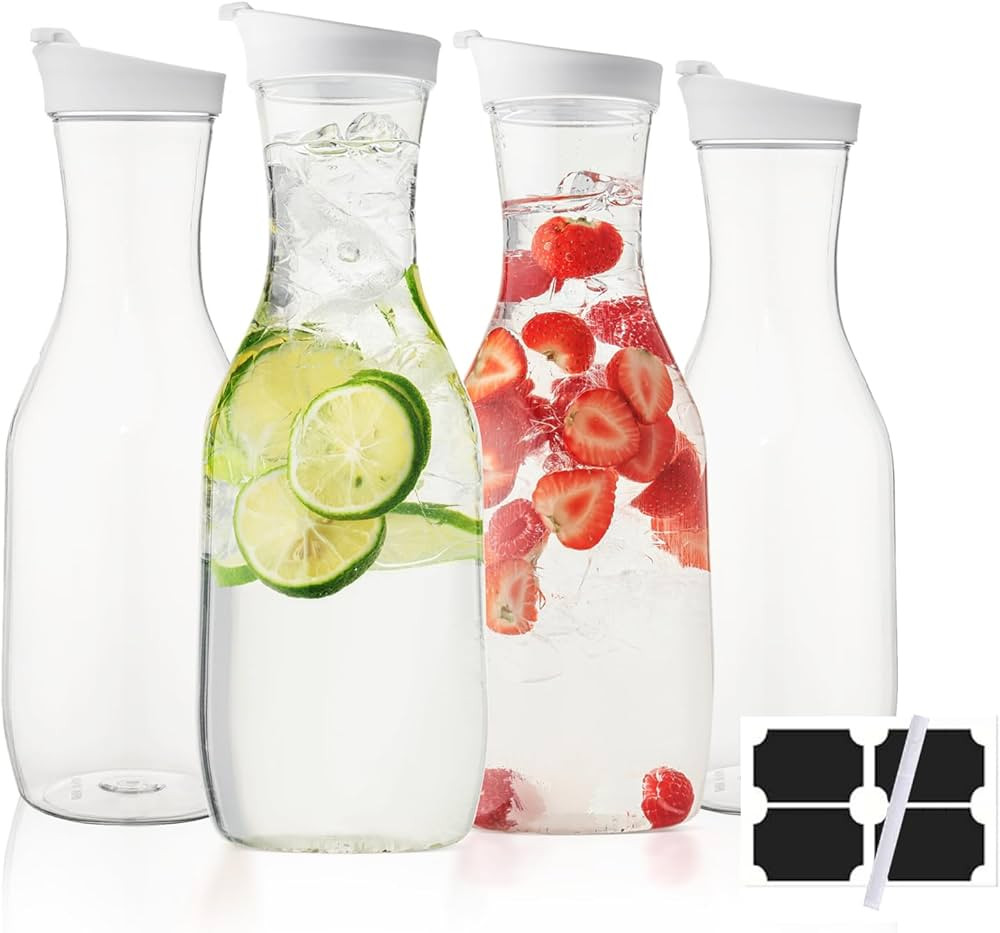 Water Carafe with Lid, 50 Oz Round Plastic Pitcher for Drinks, Milk, Mimosa Bar Supplies, Iced Te... | Amazon (US)