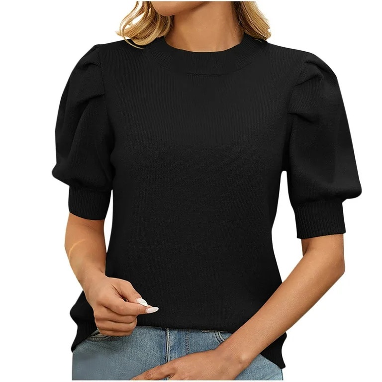Posijego Women's Puff Short Sleeve Sweater Casual Crew Neck Lightweight Knit Pullover Shirts Dres... | Walmart (US)