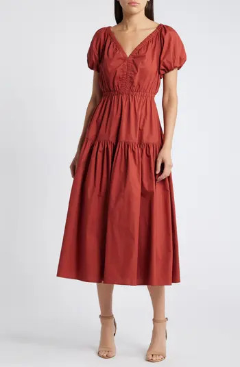 MOON RIVER Puff Sleeve Tiered Midi Dress | Nordstrom | Nordstrom
