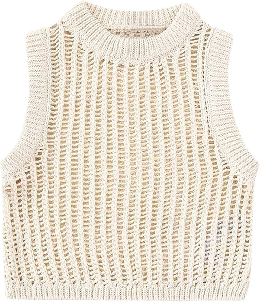 Women Open Knit Crop Vest Sweater Vintage O Neck Sleeveless Female Waistcoat Chic Tops | Amazon (US)
