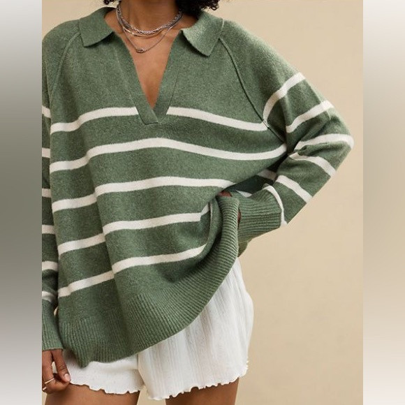 Aerie Unreal Striped Polo Oversized Sweater in Sage Green & White Size Medium | Poshmark