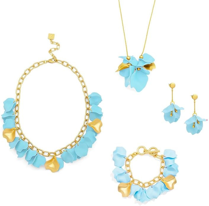 ZENZII 4 Pieces Gold Flower Petal Jewelry Set for Women in Light blue: Earrings, Necklaces | Amazon (US)