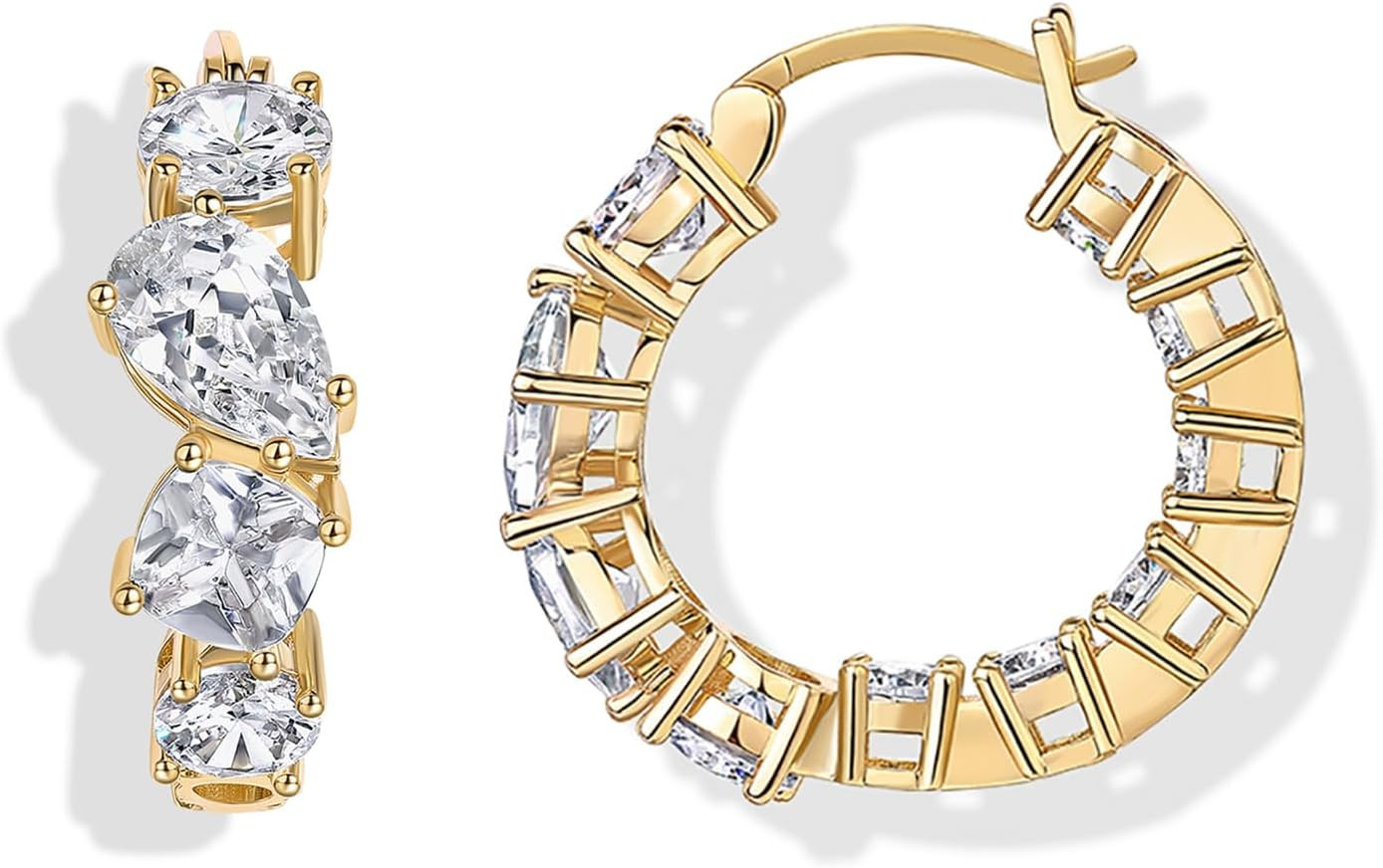 PAVOI 14K Gold Plated Hoop Earrings for Women, Bridal Cubic Zirconia Hoops | Amazon (US)