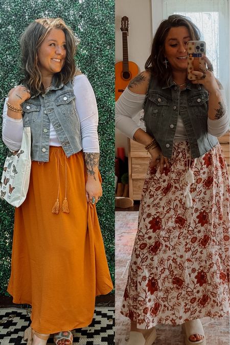 My boho Sunday church full outfit! Sharing two different skirts for two different looks! Wearing medium in denim vest, wearing medium in white off the shoulder top, wearing medium in both orange and boho pink red floral midi/maxi skirt. Could have done a small! Super stretchy. Both sandals run TTS! 

#LTKSeasonal #LTKU