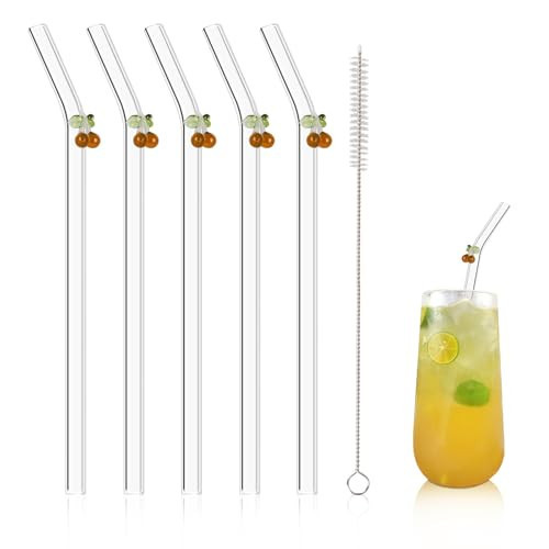 Olpchee 5 Pcs Reusable Straws Clear Glass Straws Colorful Cherry Design Size 7.8" x 8mm with 1 Cleaning Brush for Smoothies, Milkshakes, Juices, Teas (Caramel) | Amazon (US)