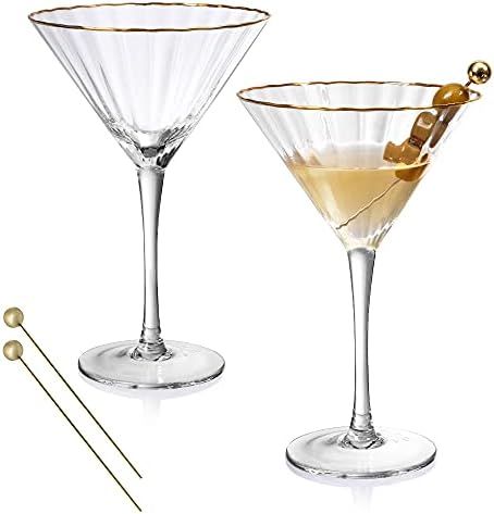 Hand Blown Martini Glasses – 24K Gold Rim - Set of 2 Cocktail Glasses and Gold-Plated Olive Pic... | Amazon (US)