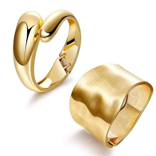 YOVORO 2Pcs 18K Gold Plated Wide Chunky Gold Cuff Bracelets for Women Thick Waterdrop Cuff Bangle Bracelets Trendy Hinged Open Wrist Gold Bracelets A | Amazon (US)