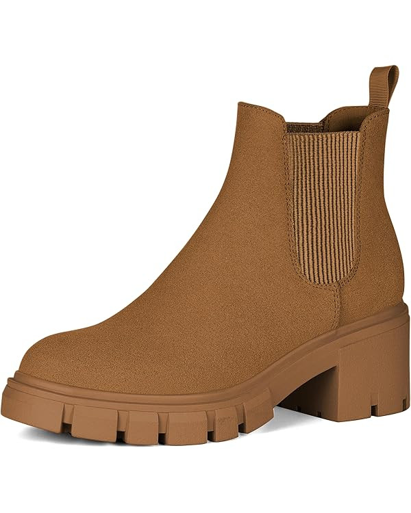 Athlefit Women's Chelsea Boots Fashion Lug Sole Chunky Heel Slip on Elastic Ankle Booties | Amazon (US)