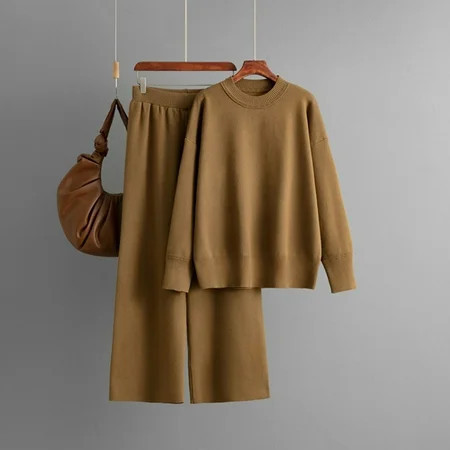 Women Winter Soft Loungewear Sets Long Sleeve Knitted Pullover Sweater Elastic Waist Wide Leg Pant 2 Piece Outfits New Outfits for Women 2 Piece Sets Dressy Brown One Size | Walmart (US)