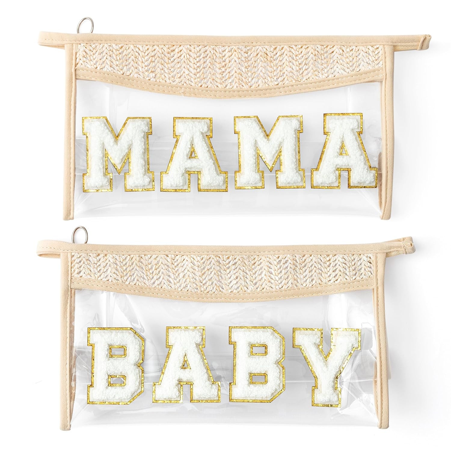 Boho Patch Cosmetic Bag - MAMA BABY Chenille Varsity Letter Toiletry Bag Beige Clear Waterproof T... | Amazon (US)