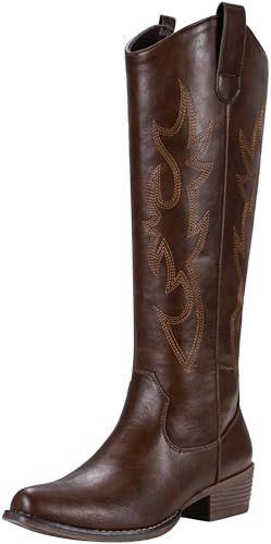 Jeossy Women's Whisky Red Brown Cowboy Boots Embroided Western Cowgirl Boots Square Toe Knee High Pull on Wide Calf Shoes with Inside Zipper Size 10 (DJY9809 whisky 10) | Amazon (US)