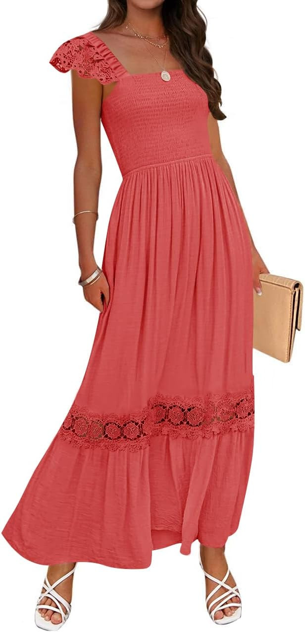 ZESICA Women's 2026 Summer Lace Strap Sleeveless Square Neck Smocked High Waist Ruffle Hollow Out... | Amazon (US)