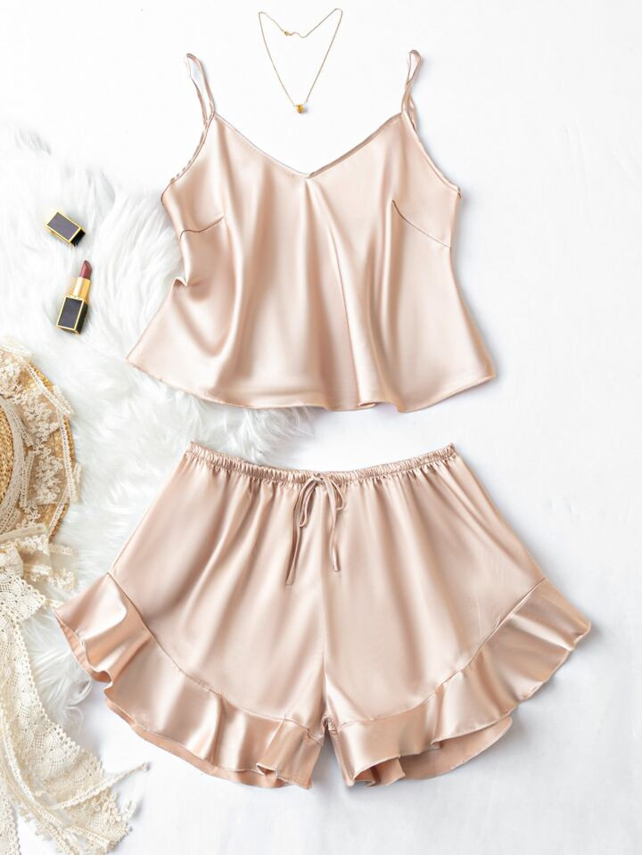 Ruffle Hem Satin PJ Set4.89(1000+) | SHEIN