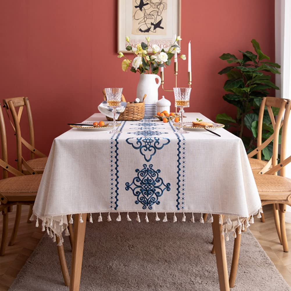AMZALI Table Cloth Embroidery Damask Pattern Wrinkle Free Heavy Weight Cotton Linen Farmhouse Tab... | Amazon (US)