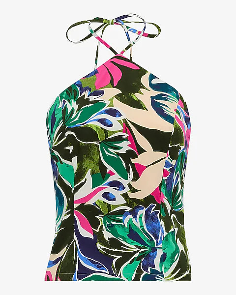 Cotton Poplin Printed Tie Halter Smocked Back Tank | Express