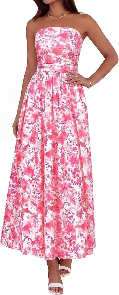 BTFBM Summer Maxi Dresses for Women 2026 Strapless Tube Top Floral Spring Wedding Guest Dress Bea... | Amazon (US)