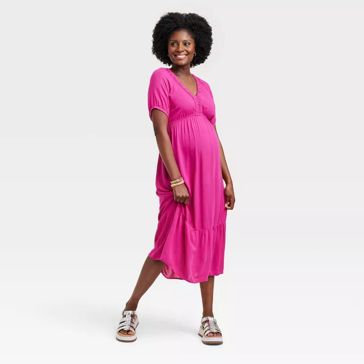 Elbow Sleeve Cinch Waist Woven Maternity Dress - Isabel Maternity by Ingrid & Isabel™ Rose Red | Target