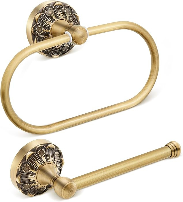 2 Pieces Set Antique Brass Toilet Paper Holder Retro Brass Hand Towel Ring Tissue Roll Paper Hang... | Amazon (US)