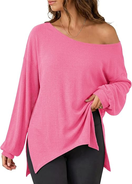 Fisoew Womens Off the Shoulder Tops Oversized Long Sleeve Ribbed Knit Pullover Sweatshirts Casual... | Amazon (US)