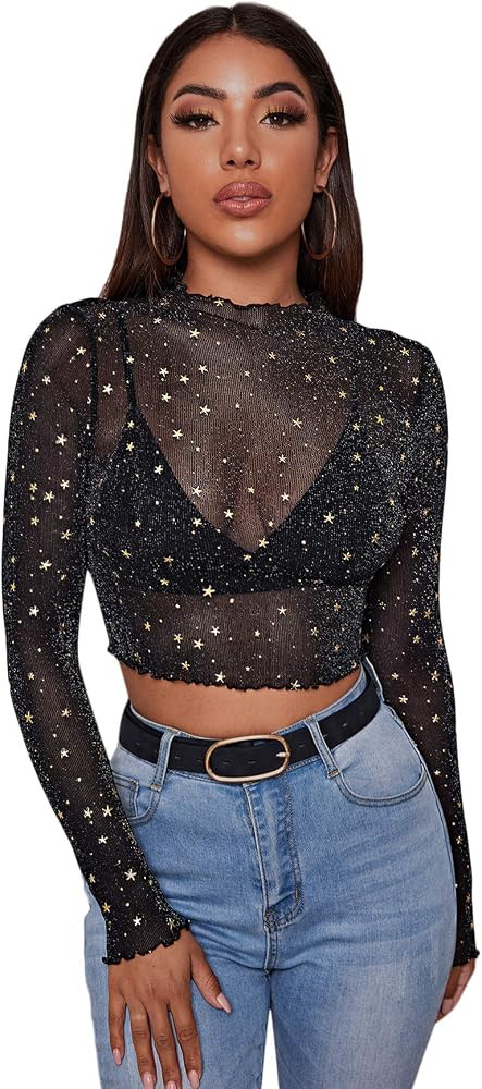 SweatyRocks Women's Long Sleeve Mock Neck Angel Print Sexy Sheer Mesh Crop Top | Amazon (US)