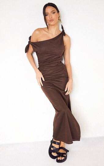 Cincinnati Midi Dress - Off The Shoulder Side Split Column Linen Look Dress in Chocolate | Showpo (US, UK & Europe)