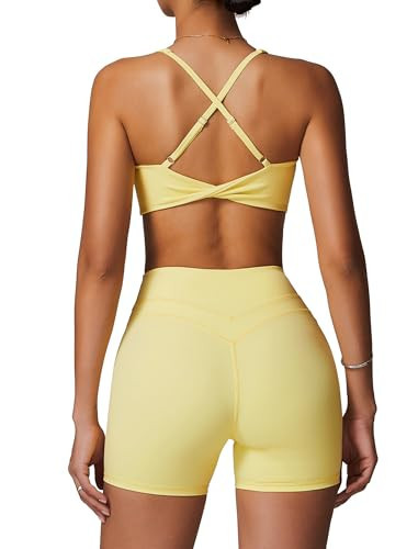 ABOCIW Workout Sets for Women 2 Piece V Neck Twist Back Sports Bra High Waist Biker Shorts Yoga Outfits Lemon Yellow Small | Amazon (US)