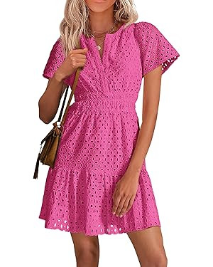 PRETTYGARDEN Women's 2026 Summer Mini Dress Short Sleeve V Neck A Line Hollow Out Lace Ruffle Cut... | Amazon (CA)