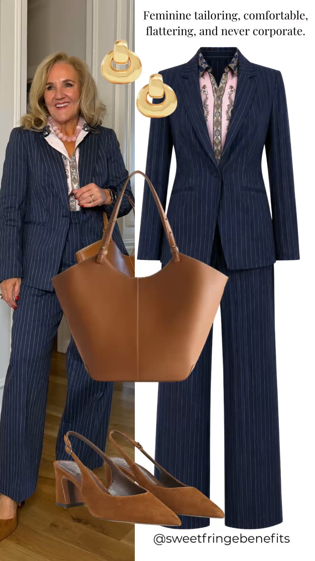 This navy pinstripe suit proves tailoring can feel feminine, comfortable, and never corporate. The softly shaped blazer and wide-leg pants create a polished look that works beautifully for the office, travel, dinners, or special events.

💡 LTK MADE EASY
❤️ Heart = Support my posts!
🔖 Save = Get sale & restock alerts
📋 Lists = Keep favorites organized
📲 Share = Send lists and products to a friend. Hello, Christmas List!
💬 Comment = Ask me anything about what I'm wearing.:-)

#LTKootd #LTKWorkwear #LTKOver40