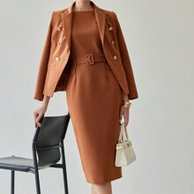 PC WOVEN PEAK COLLAR DOUBLE BREASTED PLACKET LADIES BLAZER | SHEIN