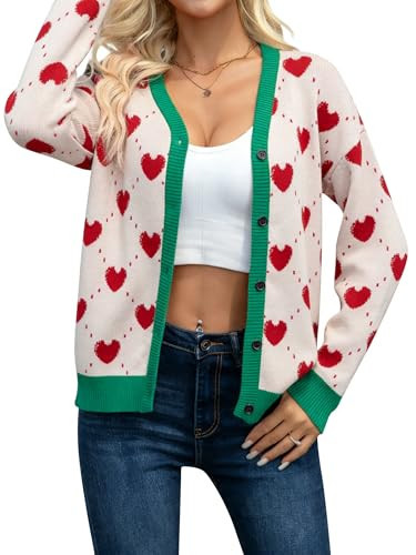NEWWEN Valentines Cardigan Sweaters for Women Heart Graphic Knit Sweater Button Down V Neck Open Front Outerwear(LightPink, Large) | Amazon (US)