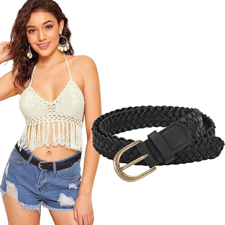 WHIPPY Women's Braided Belt Skinny Casual PU Leather Woven Belt for Jeans Pants | Amazon (US)