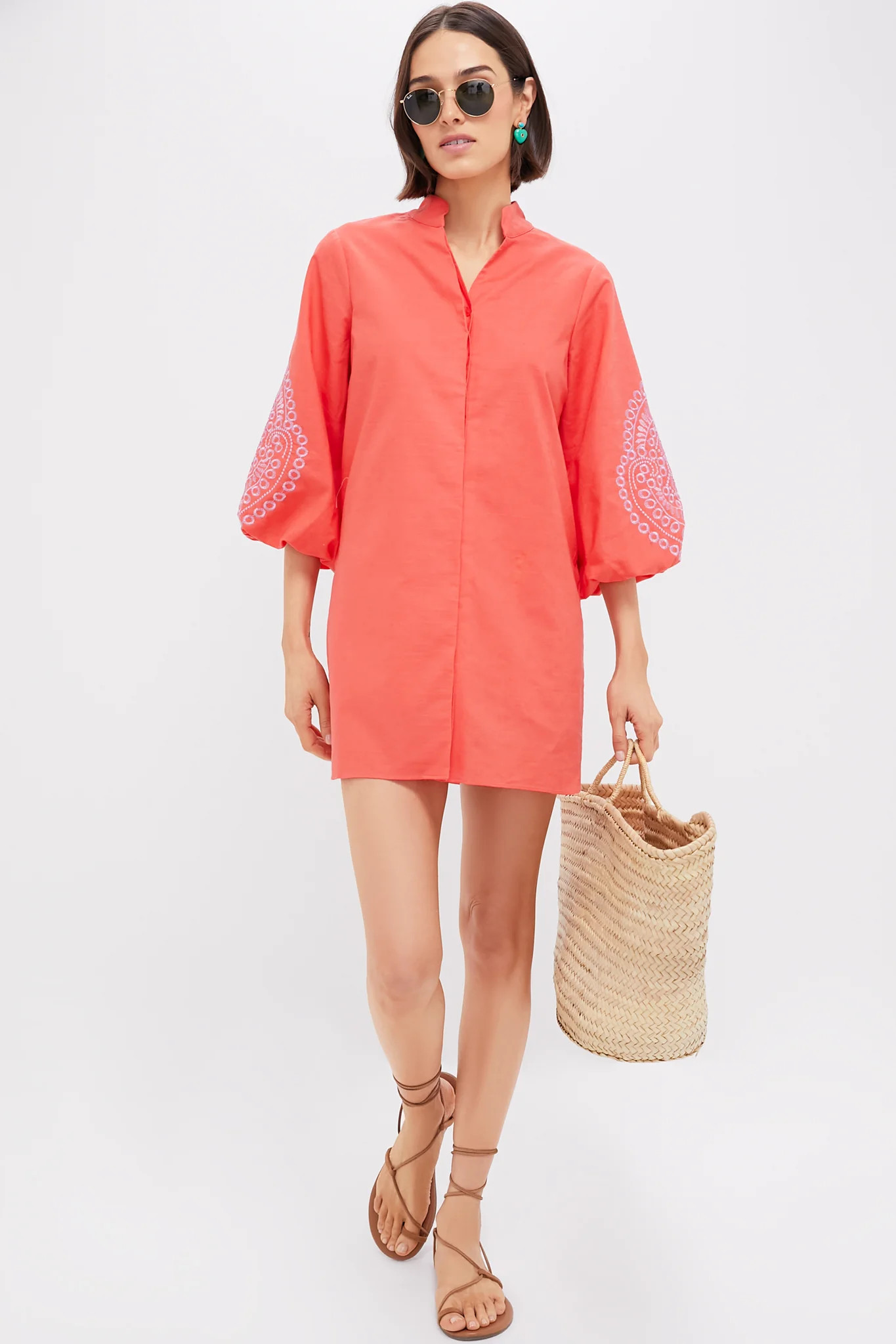 Coral with Lavender Embroidery Mini Wisteria Caftan | Tuckernuck (US)