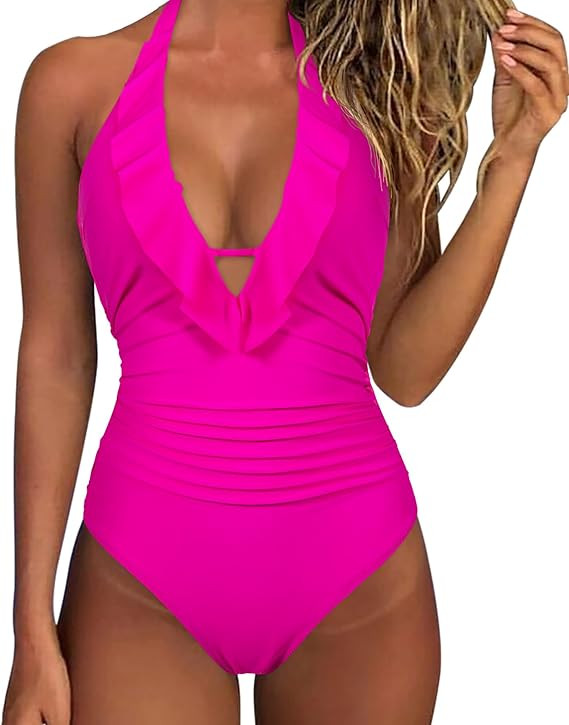 SUUKSESS Women Sexy Halter One Piece Swimsuits Ruffle Tummy Control Bathing Suit | Amazon (US)