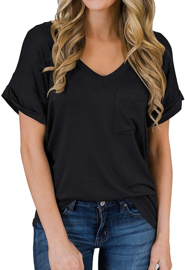 Hount Womens V Neck Short Sleeve Shirt Summer Casual Loose Fit T Shirt Top | Amazon (US)