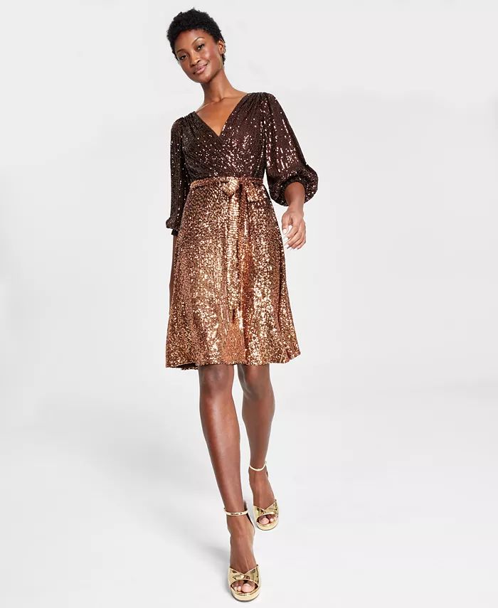 Women's Ombre-Sequin Fit & Flare Wrap Dress | Macy's