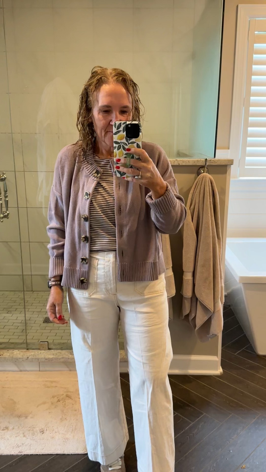 Ootd before doing my hair. I am going to let it be curly today and give it a rest. I’ll let it air dry, mostly with the curl cream and then I will diffuse it at the end. Diffusing it gives it a little bit more volume too.
Quince  sweater size medium 
Colette pants size 29 regular. This is the actual crew off-white with a top stitching. 
And a striped Ngọt boat neck tea by Nordstrom rack I’m wearing a medium 

Spring outfit, spring layers, Anthropologie work from home

#LTKOver40 #LTKWorkwear #LTKBeauty