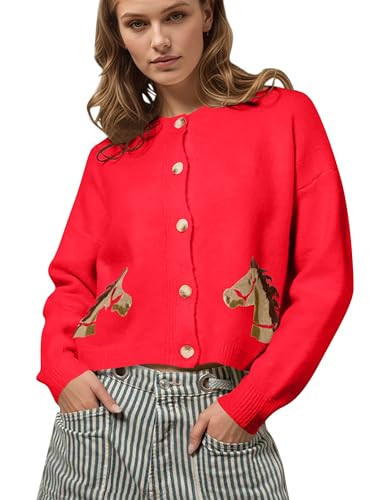 AIHUKOCY Women Horse Graphic Printed Button Down Crop Sweater Cardigan Long Sleeve Crew Neck Knit Casual Cropped Cardigans Red | Amazon (US)