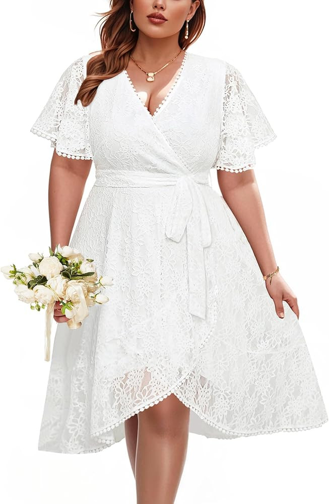 Plus Size Dresses for Wedding Guest - Women Cocktail Graduation Lace V Neck Knee Length Dress | Amazon (US)