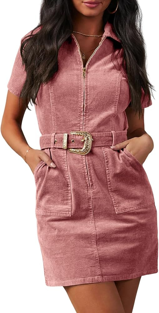 Fisoew Womens Corduroy Zip Up Mini Dress Short Sleeve Belted Cowgirl Dresses for Summer | Amazon (US)