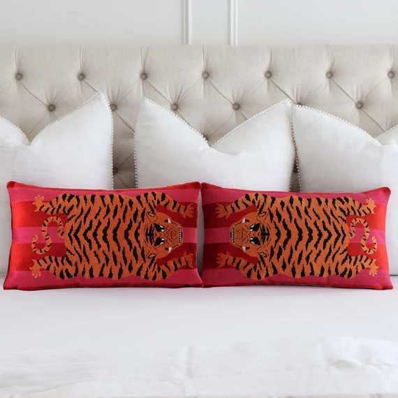Jokhang Tiger Velvet Red and Pink Lumbar Throw Pillow Cover - Etsy | Etsy (US)