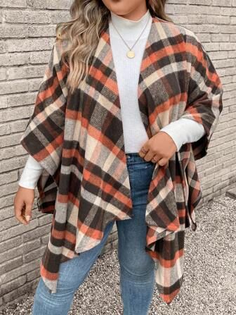SHEIN LUNE Plus Plaid Print Batwing Sleeve Open Front Overcoat | SHEIN