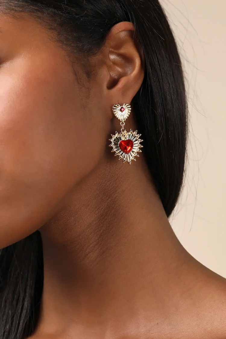 Radiant Sensation Gold Rhinestone Heart Drop Earrings | Lulus