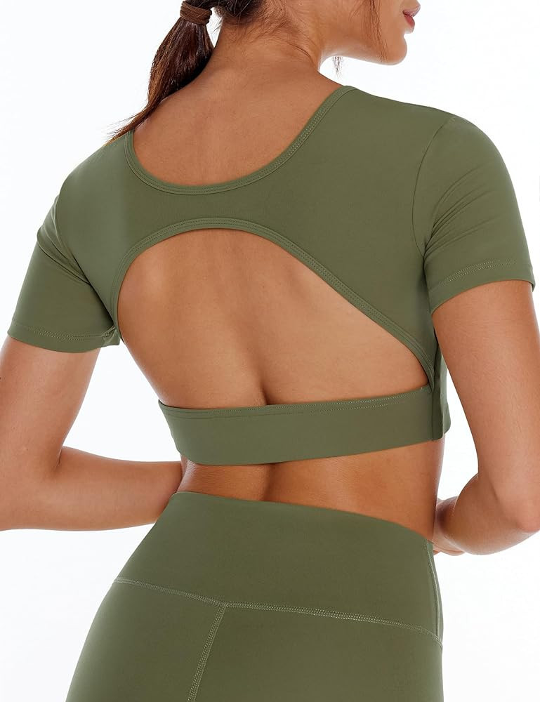 ENERBLOOM Women's Open Back Tee Workout Crop Top Yoga Built in Bra Light Compression Cream Feelin... | Amazon (US)