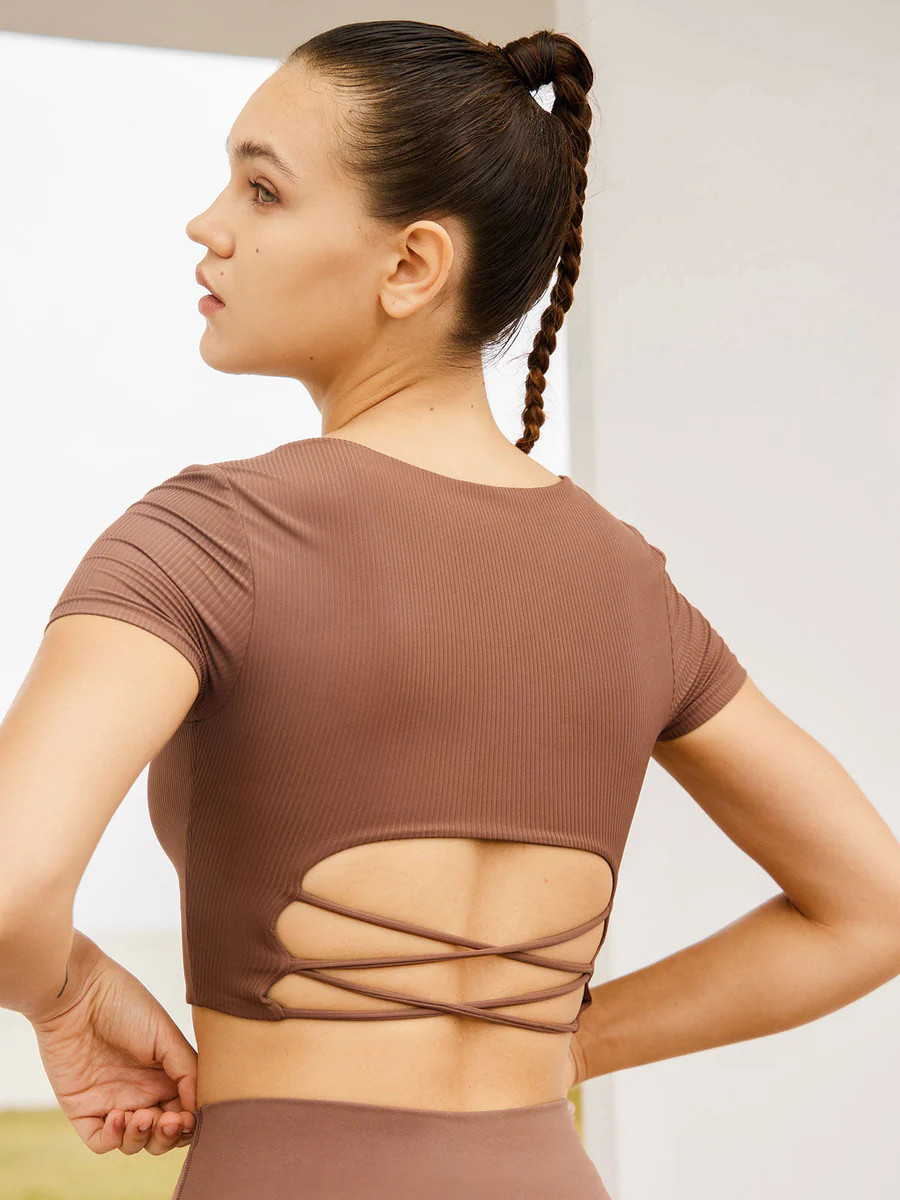 Cross Back Short Sleeve Top & Reviews - Brown - Sustainable Yoga Tops | BERLOOK | BERLOOK