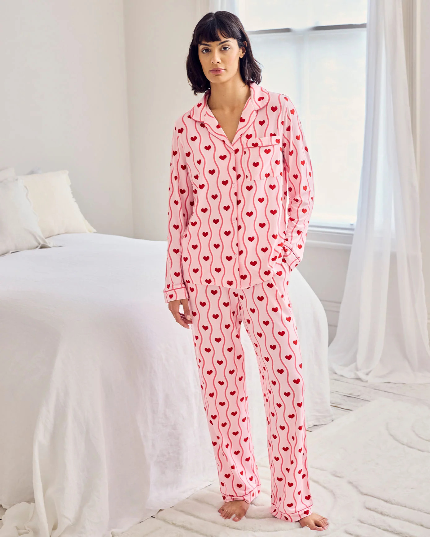 Wavy Stripe Heart Print Long Pyjama Set | Chelsea Peers NYC
