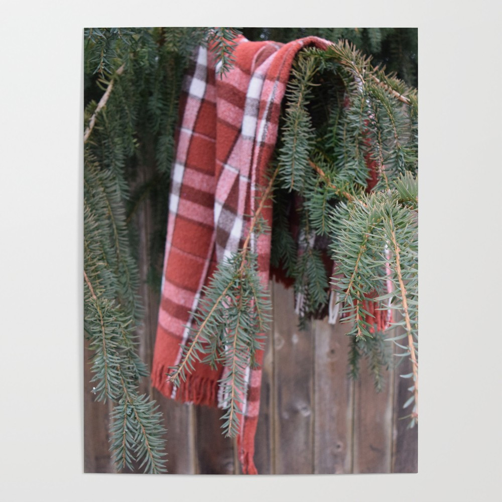 Red Plaid Blanket Hanging on a Pacific North West Pine Tree in Winter Poster by theworldupclose | Society6
